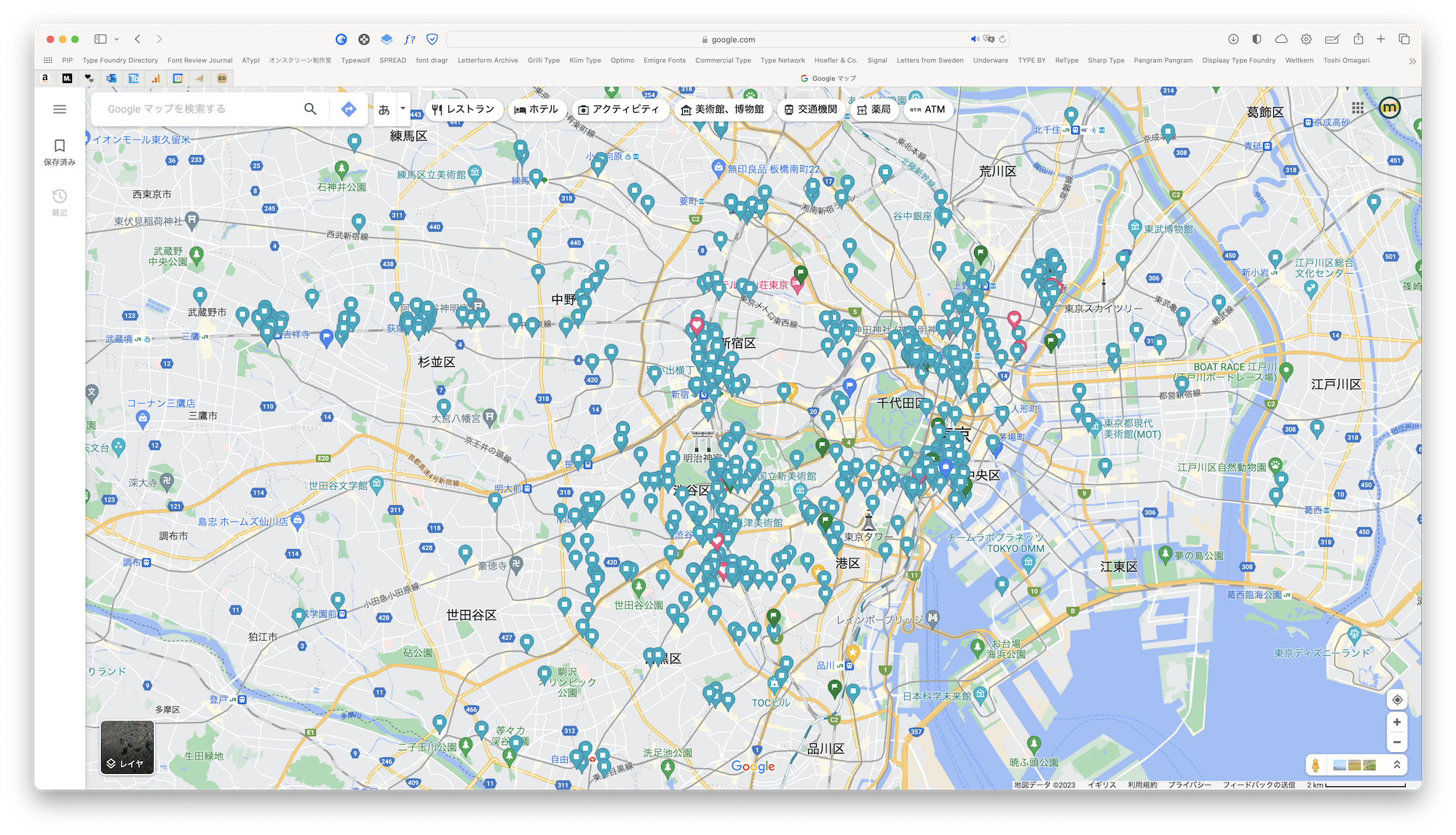 自分のGoogle Maps。大量の食事処のピンが止めてある