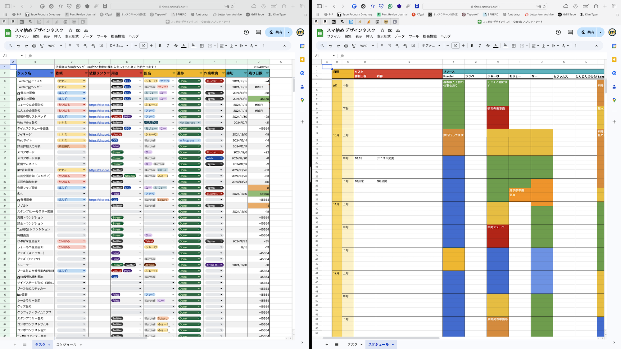 デザインチームのタスク表とスケジュール表のスプレッドシート。タスク表では、タスク表、用途、アプリケーション、担当者などが記入できるようになっている